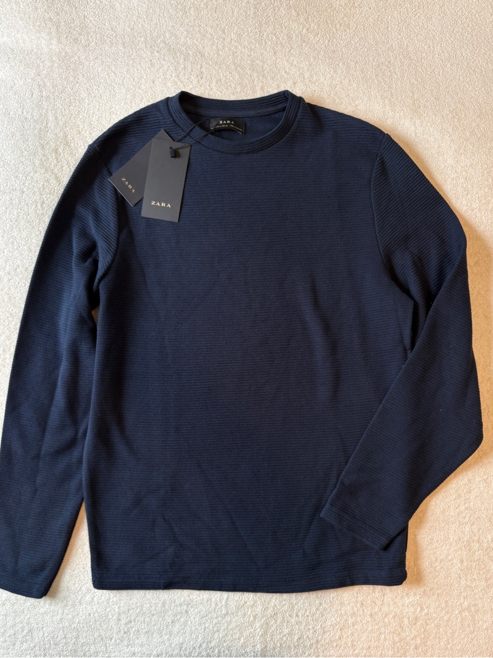 ZARA Men’s Navy Ribbed Long-Sleeve Sweater, NWT. Size Medium